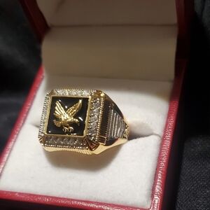 Men's Winged Eagle Enamel Crystal Signet Ring 14K Plated